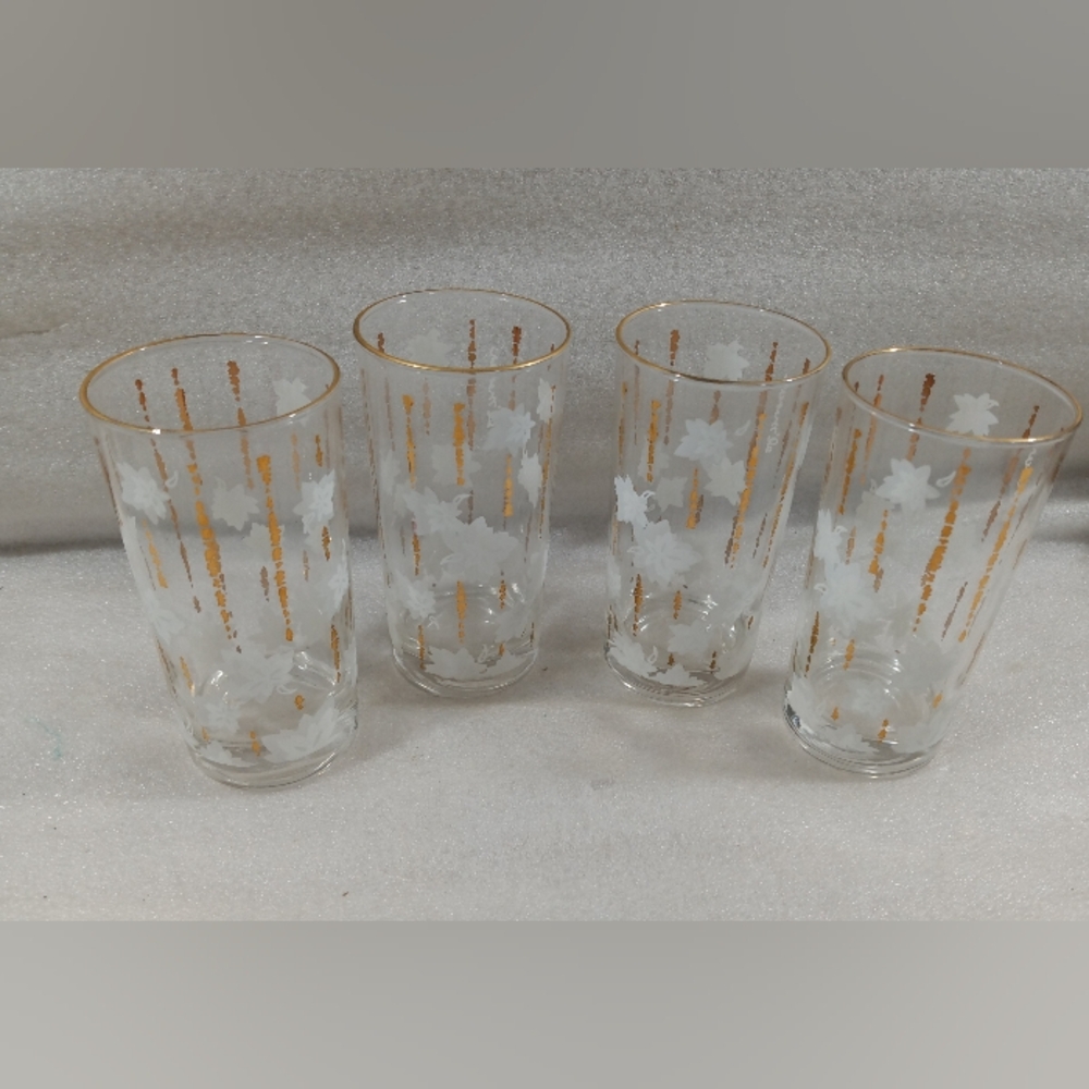 Vintage El' Merar 22K Gold Rimmed Set Of Ice Tea Water Glasses Flowers Gold